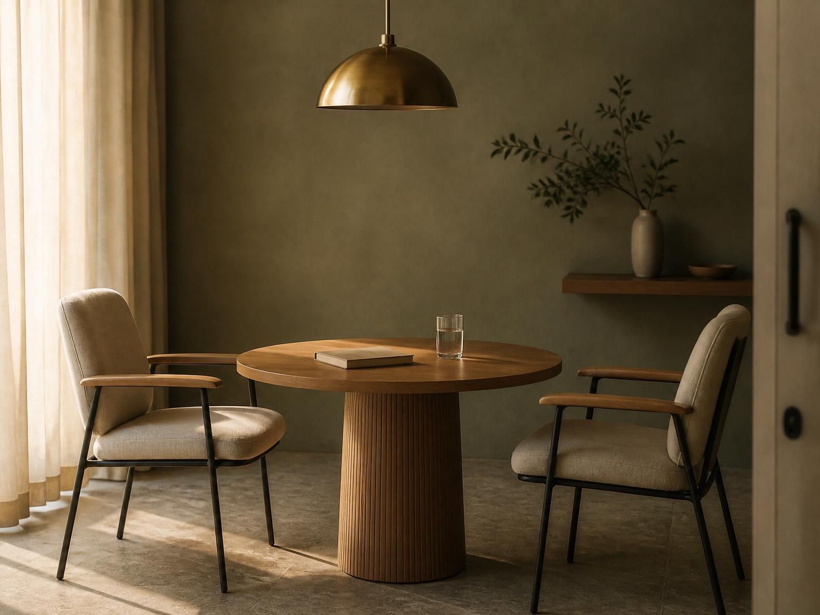 Two chairs across a small round oak table beneath a brushed brass pendant