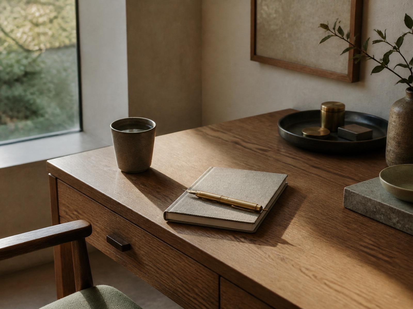 Oak writing desk with a linen notebook, brushed brass pen and stone cup near a window