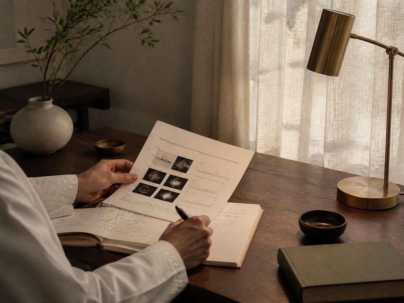 Clinician reviewing a printed diagnostic report on a warm oak desk